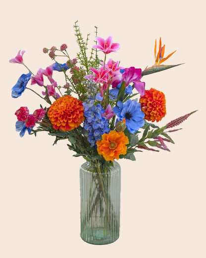 zijdenbloemen oranje blauw fuchsia