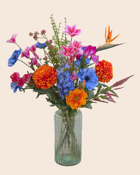 zijdenbloemen oranje blauw fuchsia