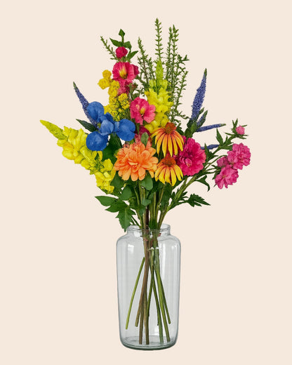 zijdebloemen boeket felle kleuren geel fuchsia blau oranje