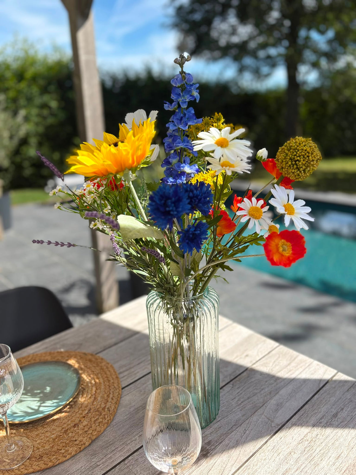 zijdeboeket zonnebloem margriet lavendel korenbloem papaver