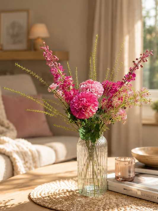 Boeket met kunstbloemen fuchsia roze