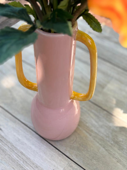 retro vaas met handvaten roze oranje