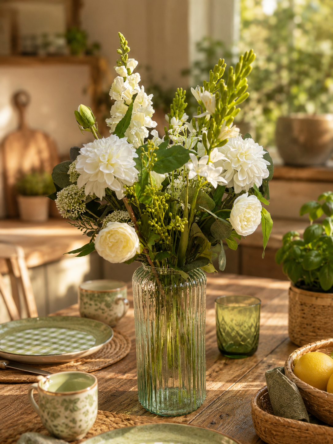 Boeket witte zijden bloemen met vaas