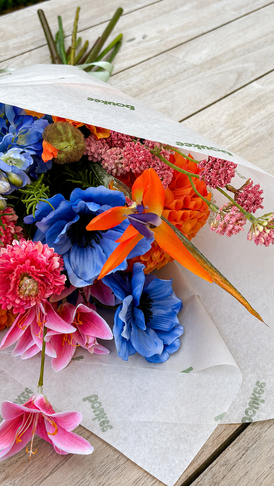 zijden veldboeket oranje blauw fuchsia