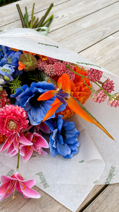 zijden veldboeket oranje blauw fuchsia